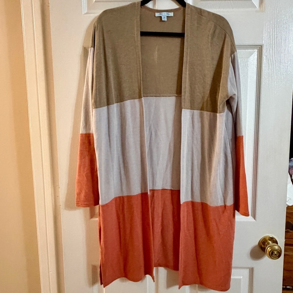 She + Sky Colorblock Cardigan Medium Long Duster Neutral Rust Beige Open Front